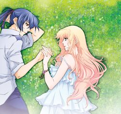  blue_eyes blue_hair bracelet hand_holding hiiragi_yuki_(escape_club) holding_hands interlocked_fingers jewelry long_hair macross macross_frontier ponytail profile saotome_alto sheryl_nome strap_slip yellow_eyes 