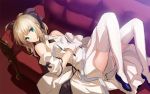  ahoge bare_shoulders blonde_hair bow couch detached_collar detached_sleeves dress fate/unlimited_codes fate_(series) gloves green_eyes hair_bow light_smile lying on_back ponytail rough saber saber_lily saitom shoes short_hair solo thigh-highs thighhighs white_gloves white_legwear 