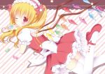  alternate_hairstyle blonde_hair candy flandre_scarlet hairband hat long_hair niki_(pixiv) on_stomach red_eyes shoes short_hair side_ponytail solo striped striped_background thigh-highs thighhighs touhou twintails white_legwear wings wink 