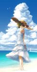  :d arm_up beach blue_eyes cloud clouds dress garuku green_hair hat hat_ribbon highres holding lighthouse looking_at_viewer open_mouth original ribbon short_hair sky smile solo standing straw_hat sundress 