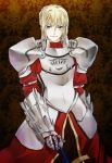  1boy 1girl armor armored_dress blonde_hair clarent dress fate/stay_night fate_(series) gauntlets green_eyes male mordred pauldrons saber_of_red silangwan solo sword weapon 