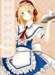  817nono adapted_costume alice_margatroid apron blonde_hair blue_eyes blush bow capelet cup hairband highres looking_at_viewer maid necktie short_hair short_sleeves smile solo teacup teapot touhou 