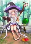  amayofuu ankle_lace-up anklet bare_shoulders blue_eyes blush book circlet cross-laced_footwear flower hat hat_flower jewelry looking_at_viewer magical_girl mascot open_shoes original sandals short_hair sitting smile solo staff 