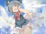  blue_hair blush bow cirno closed_eyes cloud clouds detached_wings eyes_closed hair_bow ice ice_wings masirosu open_mouth outstretched_hand short_hair sky sleeveless solo touhou wings 
