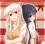  alternate_costume black_hair bow bust crossed_arms doily frown fujiwara_no_mokou hair_bow hime_cut houraisan_kaguya long_hair looking_at_viewer multiple_girls open_mouth polka_dot polka_dot_background red_background red_eyes shine5s short_sleeves striped striped_background sweater sweater_vest touhou vest white_hair 