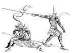  armor battle closed_eyes comic crossover cutting dark_souls demon&#039;s_souls demon's_souls dragon_slayer_ornstein eyes_closed full_armor gauntlets helmet highres knight long_hair lowres male menaslg monochrome multiple_boys penetrator plume polearm spear sword weapon 