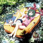  :d alternate_costume arm_behind_head barefoot blue_hair bow buruma casual contemporary feet front_ponytail green_eyes green_hair hair_bobbles hair_bow hair_ornament hand_behind_head hat highres kagiyama_hina kawashiro_nitori long_hair looking_at_viewer lying multiple_girls on_back on_stomach open_mouth outstretched_arm raft smile touhou tsurukou_(tksymkw) twintails water waving 