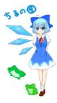  arms_behind_back blue_eyes blue_hair blush bow character_name cirno crossed_legs_(standing) dress frog hair_bow huruneko ice ice_wings ribbon short_hair single_wing smile socks solo touhou translated wings ⑨ 
