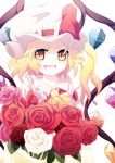  ascot bad_id blonde_hair bouquet bow crystal dise flandre_scarlet flower hat hat_bow open_mouth puffy_sleeves rose side_ponytail slit_pupils solo touhou wings yellow_eyes 