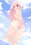  ass blush chimunge cloud clouds highres long_hair looking_back ocean open_mouth original pink_eyes pink_hair shiny shiny_skin sky smile solo swimsuit thigh_gap wading water 