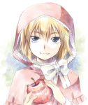  :3 apple axis_powers_hetalia belgium_(hetalia) blonde_hair blue_eyes bust cosplay costume food fruit g-tea hood little_red_riding_hood little_red_riding_hood_(cosplay) little_red_riding_hood_(grimm) ribbon short_hair solo traditional_media white_ribbon 