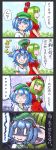  2girls 4koma :&gt; alternate_costume blue_eyes blue_hair bow closed_eyes comic eyes_closed front_ponytail green_hair hair_bobbles hair_bow hair_ornament hair_ribbon hat highres jewelry kagiyama_hina kawachi_koorogi kawashiro_nitori kawauchi_kirigirisu key multiple_girls necklace o_o pendant ribbon scared sweatdrop touhou translated translation_request trembling twintails 