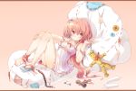  ankle_ribbon bare_shoulders barefoot beads blush bracelet candle dress feet hair_ribbon hammer highres jewelry legs letterboxed long_hair lying mallet momobako original personification pillow pink_hair red_eyes ribbon rojiko side_ponytail single_shoe sitting solo sundress waraningyou 