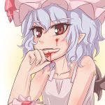  b.d bare_shoulders bat_wings blood blood_on_face blue_hair close-up face hat pointy_ears red_eyes remilia_scarlet short_hair solo touhou wings 