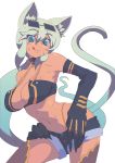  :p animal_ears aqua_eyes aqua_hair bare_shoulders breasts cat_ears cat_tail character_request cleavage dark_skin elbow_gloves fingernails gloves gradient_hair hands_on_hips highres kaiten_muten-maru large_breasts long_fingernails long_hair looking_at_viewer metata multicolored_hair shamu_meruruusa short_shorts shorts simple_background smile solo sunglasses sweat tail tongue very_long_hair white_hair 