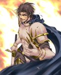  armor asu_(asoras) blood cape evil_smile fangs gauntlets gensou_suikoden gensou_suikoden_ii luca_blight male open_mouth shoulder_pads smile solo sword weapon 