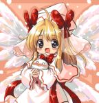  :d ahoge alternate_wings blonde_hair blue_eyes blush bow capelet fairy feathered_wings hat hat_bow heart heart-shaped_pupils holding kedama lily_white no_nose open_mouth smile solo symbol-shaped_pupils touhou veil vu_(oyavon) wide_sleeves wings 