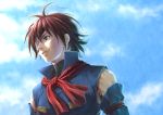  bad_id brown_eyes brown_hair buckle cloud clouds detached_sleeves eternal_arcadia eyepatch kyotuka male muscle scar scarf sky smile solo vyse 