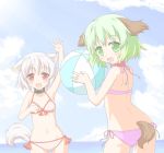  animal_ears ball bare_shoulders beachball bikini collar fang green_eyes green_hair highres inubashiri_momiji kasodani_kyouko looking_at_viewer mound_of_venus multiple_girls navel no_hat no_headwear ocean red_eyes shino_megumi short_hair side-tie_bikini silver_hair swimsuit tail touhou waving wolf_ears wolf_tail 