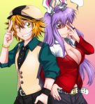  barnaby_brooks_jr barnaby_brooks_jr_(cosplay) blonde_hair breasts cleavage cosplay dos_(artist) fang hat jewelry kaburagi_t_kotetsu kaburagi_t_kotetsu_(cosplay) multiple_girls purple_hair red_eyes reisen_udongein_inaba ring sunglasses tiger_&amp;_bunny toramaru_shou touhou yellow_eyes 