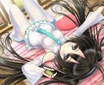  alternate_hair_color bare_shoulders black_hair blue_eyes boots carpet detached_sleeves digital_media_player erinngi hatsune_miku headphones heart heart_pillow holding long_hair lying necktie norita on_back pillow skirt solo striped thigh-highs thigh_boots thighhighs tie twintails very_long_hair vocaloid white_legwear 
