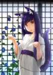  :o animal_ears collarbone flower fox_ears fox_tail japanese_clothes long_hair looking_at_viewer neo-masterpeacer original purple_hair solo tail yellow_eyes 