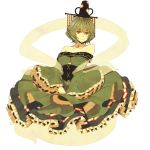  1girl adapted_costume bad_id bare_shoulders detached_collar dress frills ghost_tail green_dress green_hair hat long_sleeves multiple_tails off_shoulder ogino_(oginogino) shawl soga_no_tojiko solo tail tate_eboshi touhou wide_sleeves yellow_eyes 