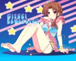  barefoot blush breasts brown_eyes brown_hair character_name cleavage feet hair_ornament idolmaster idolmaster_cinderella_girls kawashima_mizuki long_hair masuyama_kei nail_polish ponytail shorts smile solo star toenail_polish toes 