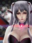  bare_shoulders blurry bokeh breasts bust choker cleavage depth_of_field grey_hair hair_tubes highres looking_at_viewer mass_effect mecha_musume okingjo original personification solo two_side_up 