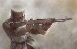  anachronism armor assault_rifle belt chainmail copyright_request gun hauberk helmet knight knights_templar monochrome rifle sepia simple_background solo tabard toy_(toylord) weapon 