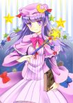  bad_id blush book bow capelet hair_bow long_hair long_sleeves nekosugiayana patchouli_knowledge purple_eyes purple_hair smile solo star touhou violet_eyes wand wide_sleeves 