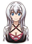  1girl blue_eyes breasts cleavage collarbone large_breasts long_hair looking_at_viewer mugen_ouka ore_twintail_ni_narimasu silver_hair simple_background smile solo twoearle upper_body very_long_hair white_background 