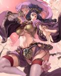  1girl bad_id blue_eyes blue_hair bracelet bridal_gauntlets cherry_blossoms copyright_request dancing flower hair_ornament jewelry long_hair looking_at_viewer looking_down midriff navel parted_lips ring thigh-highs thighhighs thighs tree ts_ak white_legwear wide_sleeves 