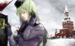  coat enkidu_(fate/strange_fake) fate/strange_fake fate_(series) green_eyes green_hair hat long_hair male phone snow snowing solo vanishing_skyline 