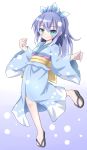  1girl aqua_eyes fubukihime hachimi hair_ornament highres japanese_clothes kimono long_sleeves obi purple_hair sash smile snowing solo standing_on_one_leg wide_sleeves youkai_watch yuki_onna 
