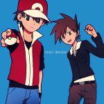  baseball_cap belt black_hair blue_background brown_eyes brown_hair expressionless hand_in_pocket hat holding holding_poke_ball jacket jewelry lowres male multiple_boys necklace ochappa ookido_green pants poke_ball pokemon pokemon_(game) pokemon_hgss red_(pokemon) simple_background smile title_drop wristband 