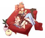  arumaji_(kiss_kill_lila) black_legwear book brown_hair brush closed_eyes couch eyes_closed green_eyes hairband idolmaster long_hair lying minase_iori multiple_girls on_stomach overalls pantyhose reading smile striped striped_legwear stuffed_animal stuffed_toy takatsuki_yayoi thighhighs twintails 