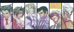  5boys adjusting_tie bandaid beard black_eyes blue_eyes bow brown_eyes brown_hair clenched_teeth coat column_lineup cravat earrings epic facial_hair formal ganto_kaiji glaring glasses godot grey_hair grin gyakuten_saiban highres itonokogiri_keisuke jewelry karuma_mei mitsurugi_reiji mole mov multiple_boys naruhodou_ryuuichi necktie pencil_behind_ear silver_hair simple_background smile stubble suit tuxedo visor white_hair 