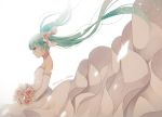  bouquet character_name dress elbow_gloves floating_hair flower gloves green_eyes green_hair hatsune_miku ichinose_(sorario) long_hair profile simple_background solo twintails very_long_hair vocaloid wedding_dress white_background 