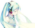 1girl eyes_closed haruwakame hatsune_miku headphones long_hair necktie simple_background solo twintails vocaloid white_background 