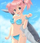  bikini blue_background blue_eyes blush character_request fingernails fish hair_ornament hairclip long_fingernails looking_at_viewer miriry navel open_mouth phantasy_star phantasy_star_online_2 pink_hair pointy_ears scanlines short_hair side-tie_bikini smile solo standing striped striped_bikini striped_swimsuit swimsuit twintails wristband 
