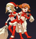  2girls aika_(eternal_arcadia) bell blonde_hair bow braid capelet earrings elbow_gloves eternal_arcadia facial_mark fina gloves green_eyes hand_holding hat high_heels holding_hands jewelry kyotuka multiple_girls navel open_mouth orange_hair sack santa_costume santa_hat shoes shorts simple_background thigh-highs thighhighs twin_braids twintails wink 
