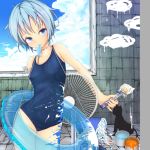  amputee bandage bandages blue_eyes blue_hair blue_swimsuit cat fan hal_(ojou) holding mouth_hold one-piece_swimsuit original paint paint_can paintbrush popsicle school_swimsuit short_hair solo swimsuit 
