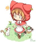  1girl :3 apron basket bow brown_hair capelet cat cat_tail chen chen_(cat) dress ear_piercing flower hat hat_with_ears hood jewelry little_red_riding_hood little_red_riding_hood_(cosplay) little_red_riding_hood_(grimm) mob_cap multiple_tails nekomata o_o piercing pila-pela red_dress single_earring tail touhou waist_apron 