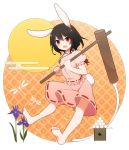  60mai animal_ears barefoot black_hair bunny_ears bunny_tail carrot dragonfly feet flower food full_moon hammer inaba_tewi moon open_mouth puffy_sleeves rabbit_ears red_eyes short_hair short_sleeves solo tail touhou 