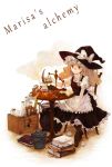  alchemy blonde_hair book bow braid chair chemicals coal hat hat_bow kirisame_marisa long_hair ozawa paper parer ruler scale scroll side_braid single_braid sitting smile solo table touhou weighing_scale white_background witch_hat yellow_eyes 