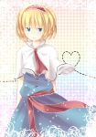  alice_margatroid bad_id blonde_hair blue_dress blue_eyes blush capelet conesa dress hairband heart heart_of_string highres looking_at_viewer pout sash short_hair solo touhou wind 