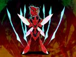  claws creature glowing highres horns insect_wings no_humans nunadaiaru pokemon scizor solo wings yellow_eyes 