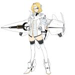  1girl blonde_hair blue_eyes crossover galactic_empire_(gin&#039;eiden) ginga_eiyuu_densetsu gloves hair_intakes hand_on_hip harukon_(halcon) headgear kantai_collection looking_at_viewer mecha_musume original parody short_hair simple_background smile solo space_craft thigh-highs white_background white_gloves 