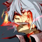  bad_id blood bow clenched_teeth face fujiwara_no_mokou glowing glowing_eyes hair_bow ofuda red_eyes rou_honoo silver_hair solo touhou 